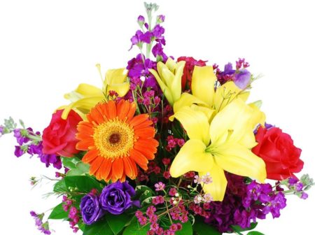 This lovely and bright arrangement includes roses, lilies, lisianthus and gerbera daisies and accented with a hot pink bow. A gorgeous way to show mom how much you love her.