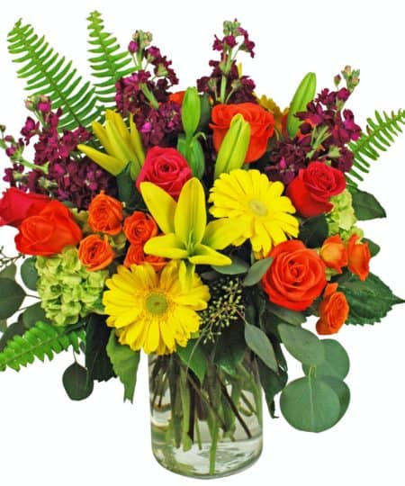 Catch anybody's eye with this vibrant assortment of fresh blooms of lilies, daisies, and roses.